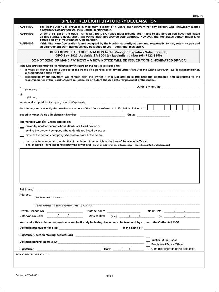  Speed Red Light Statutory Declaration 2015