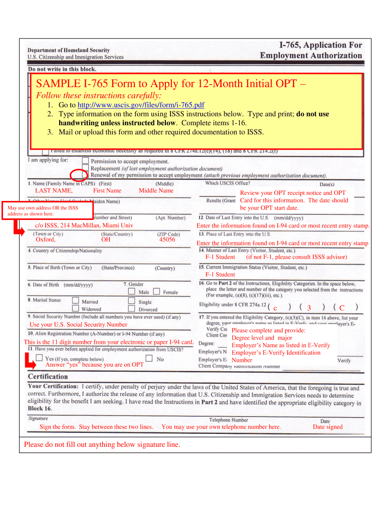 SAMPLE I 765 Form to Apply for 12 Month Initial