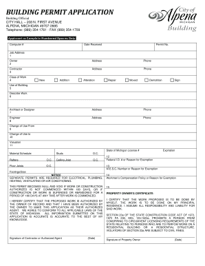 BUILDING PERMIT APPLICATION Alpenamius Alpena Mi  Form