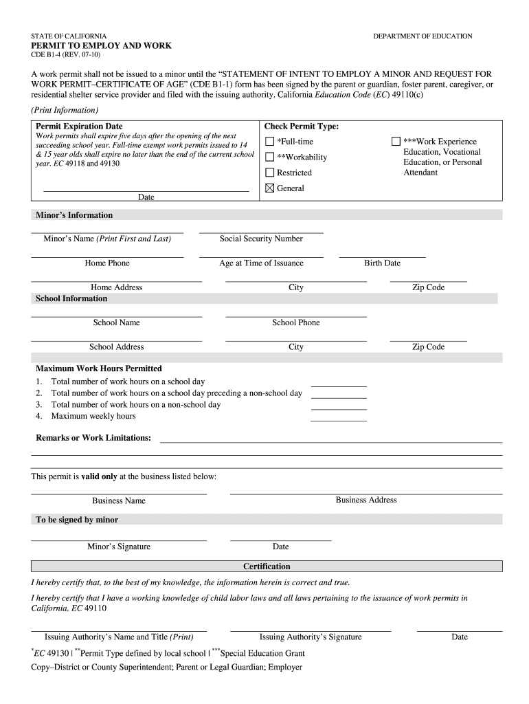 Permit to Employ and Work Work Experience CA Dept of Education the PERMIT to EMPLOY and WORK Form Must Be Completed and Signed B