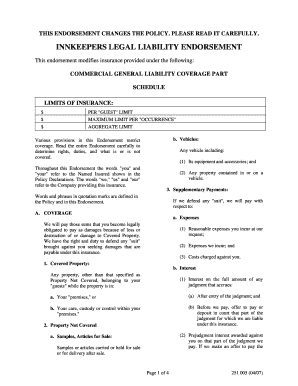 INNKEEPERS LEGAL LIABILITY ENDORSEMENT  Form