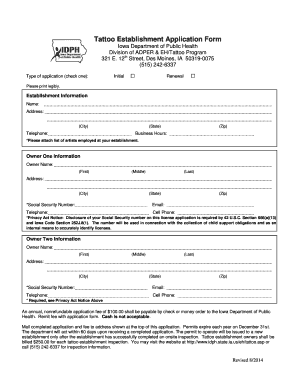  Tattoo Establishment Application Form 2014