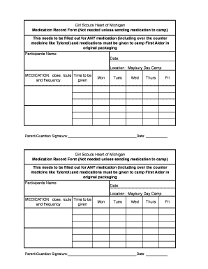 Girl Guides Heart of Michigan Medication Record Form