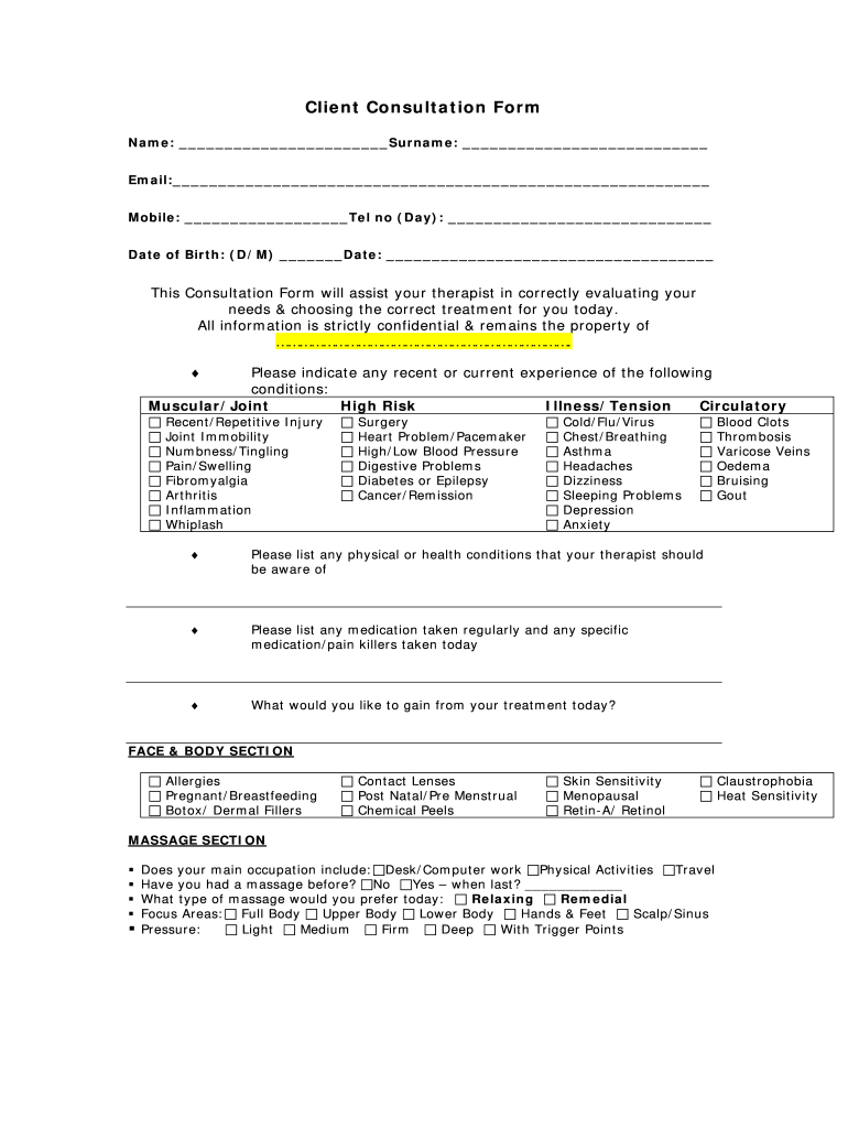 Client Consultation Form Spa Beauty NZ