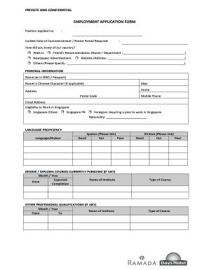 EMPLOYMENT APPLICATION FORM Ramada Amp Days Hotel