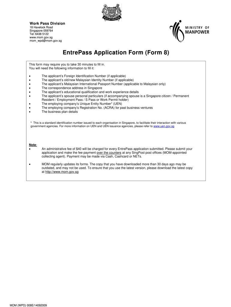 Entrepass Application Form 2009-2024