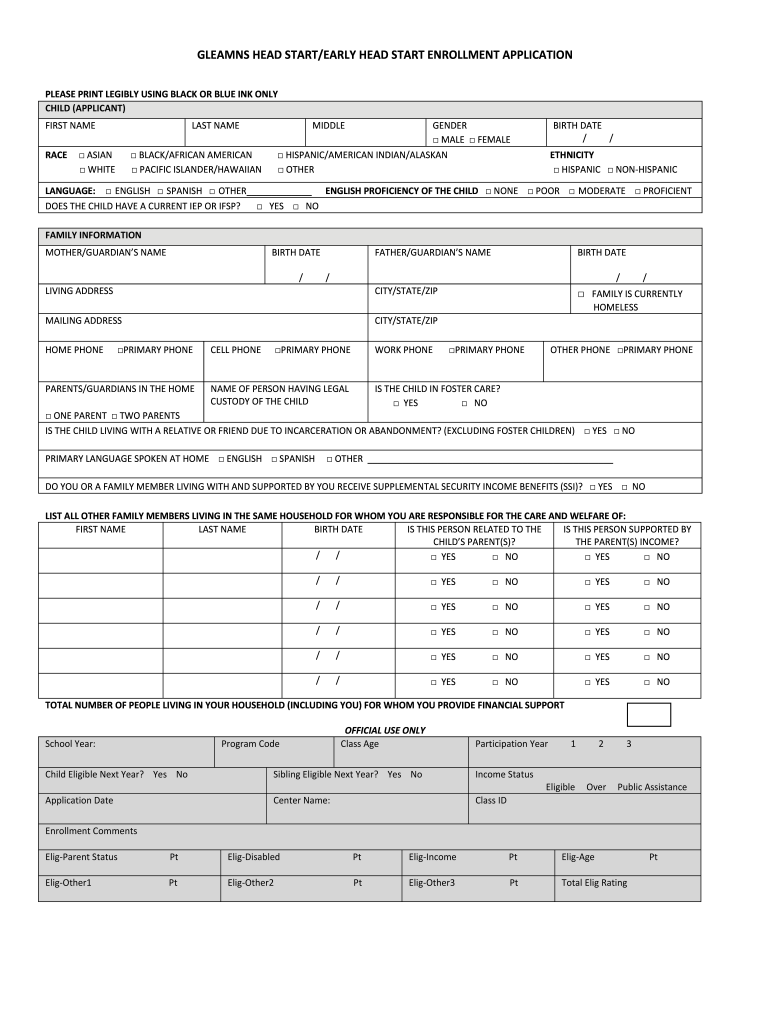 Gleamns Head Start Application  Form