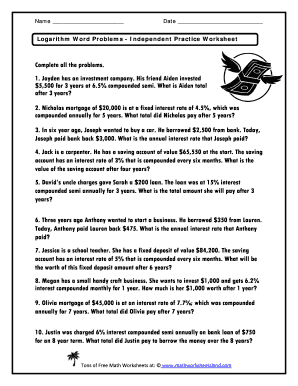 Logarithm Word Problems Worksheet  Form