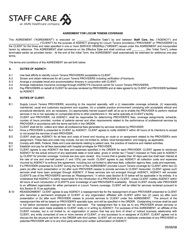  Locum Tenens Agreement Form 2008-2024