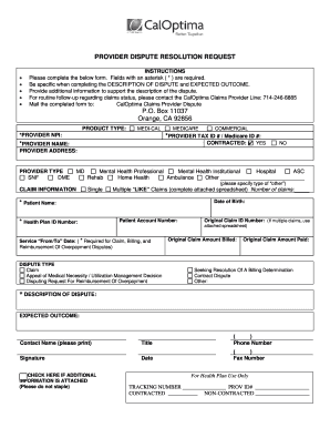 Caloptima Provider Dispute Form