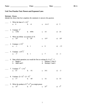 Laws of Exponents Multiple Choice Test PDF  Form