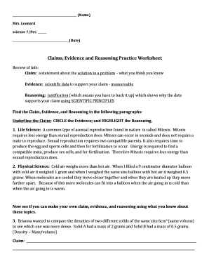 Claim Evidence Reasoning Practice Worksheets Science PDF  Form