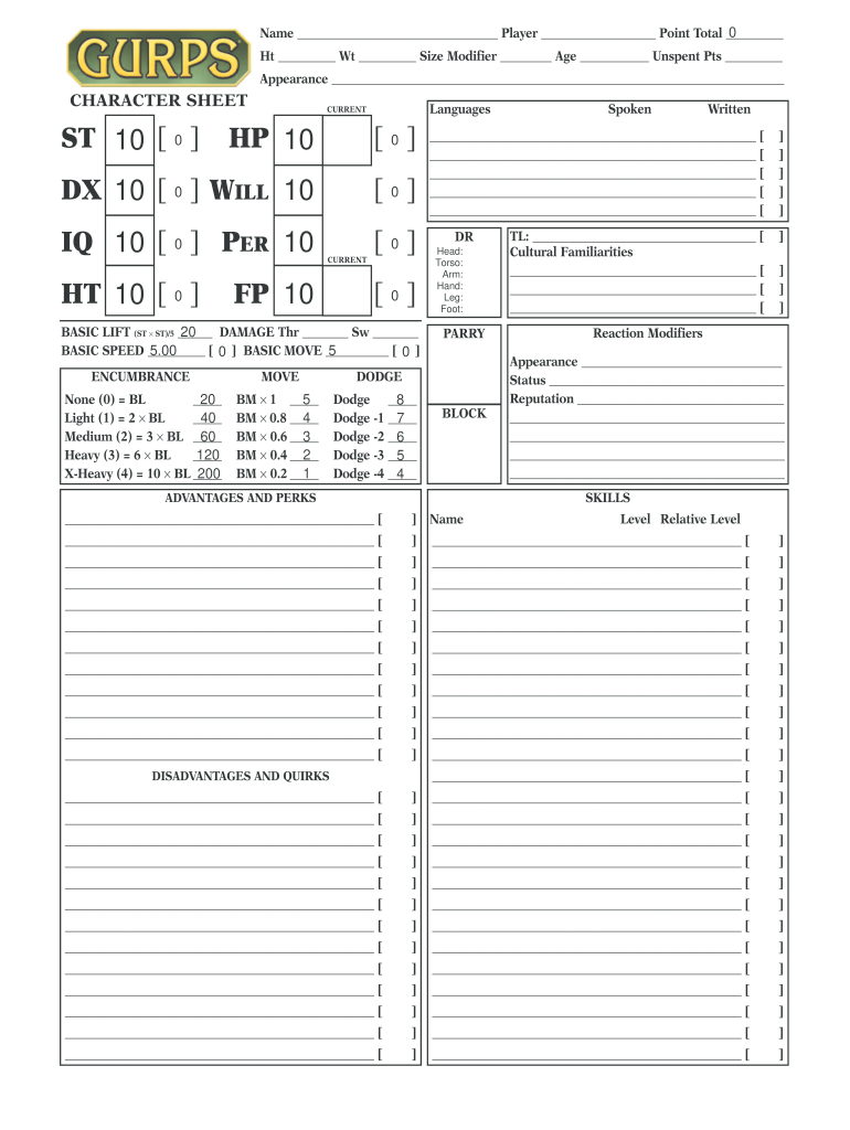 Gurps Character Sheet PDF  Form
