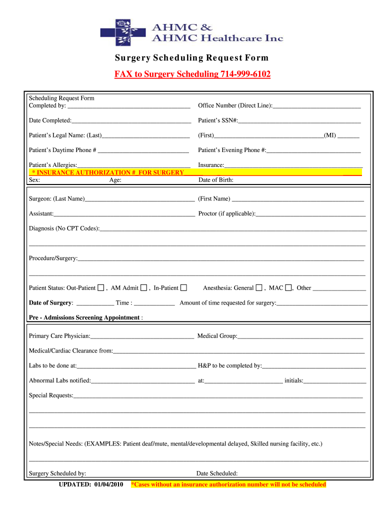 Surgery Scheduling Request Form Anaheim CA Regional