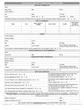  AFFORDABLE CARE ACT OBAMACARE INTAKE FORM 2014