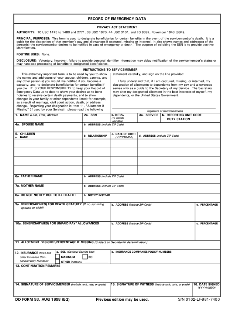  U S DOD Form Dod Dd 93 Download 2008