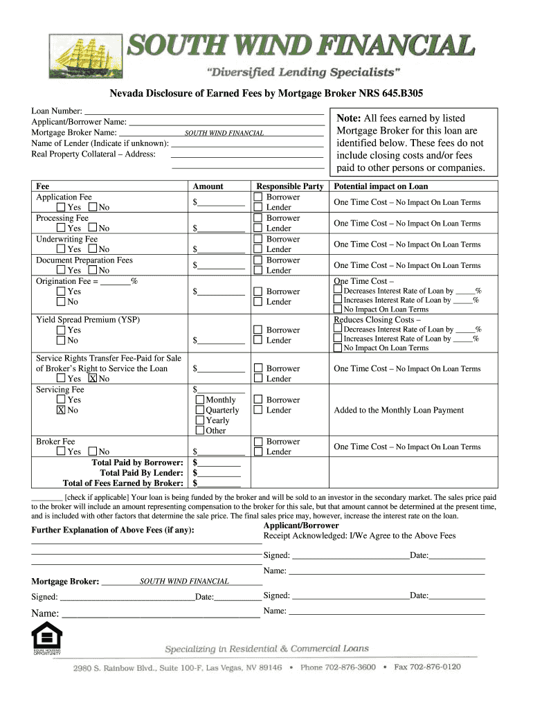 Nevada Disclosure of Earned Fees by Mortgage Broker NRS 645  Form