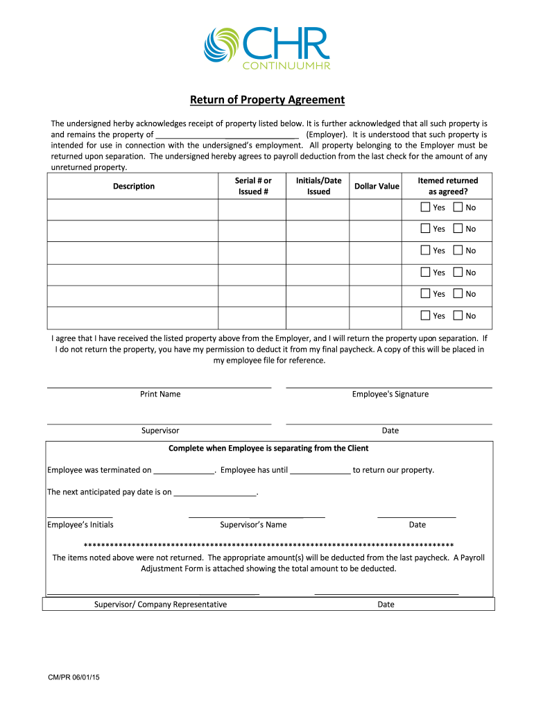 Return of Property Agreement ContinuumHR  Form