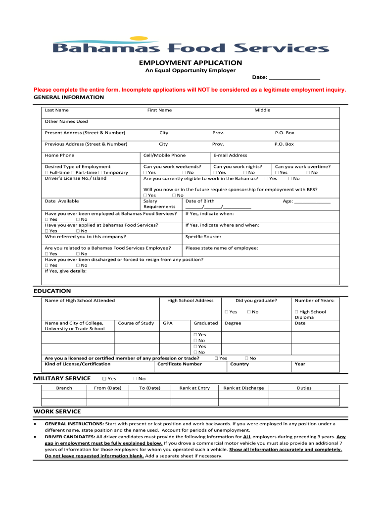 Bfs Job Application Form