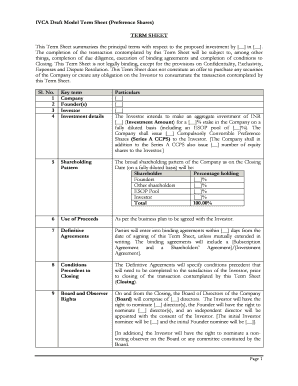 IVCA Draft Model Term Sheet Preference Shares TERM SHEET Ivca  Form