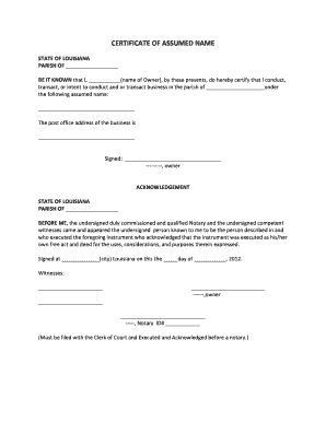 Louisiana Assumed Name Certificate  Form