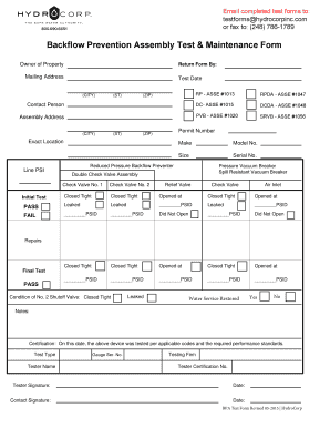 BBackflowb Prevention Assembly BTest Formb HydroCorp