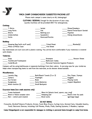 Camp Chingachgook Packing List  Form