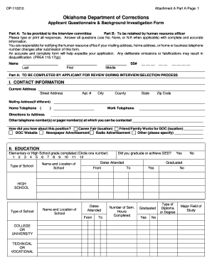 Oklahoma Applicant Questionnaire Background Investigation Form PDF