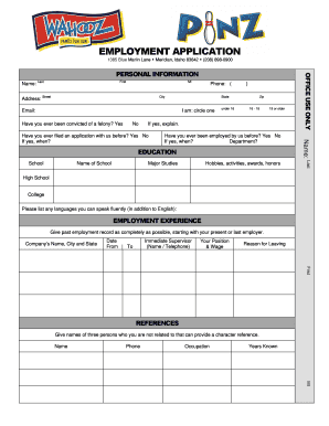 EMPLOYMENT APPLICATION Wahooz Fun Zone  Form