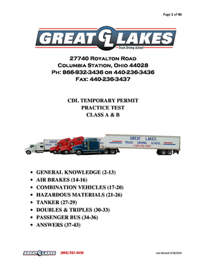 CDL Temporary Permit Practice Test 1x Great Lakes Truck Driving  Form