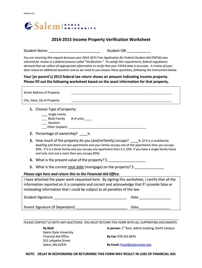  Income Property Verification  Salem State University 2015