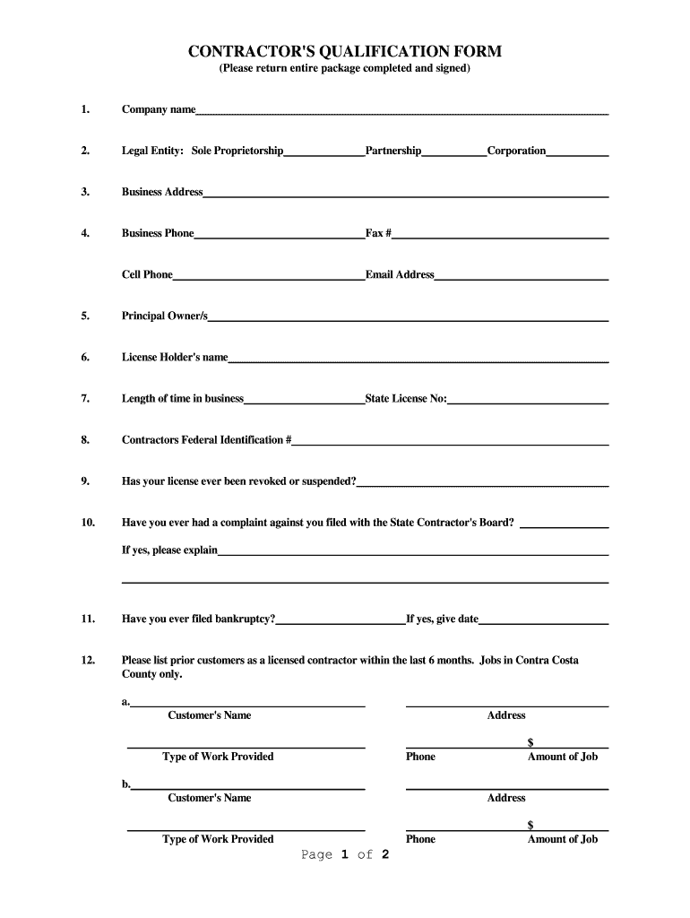 CONTRACTORS QUALIFICATION FORM Contracosta Ca