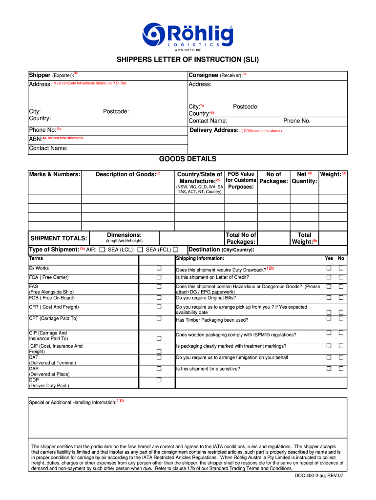 Shippers Letter of Instruction Rhlig Logistics  Form