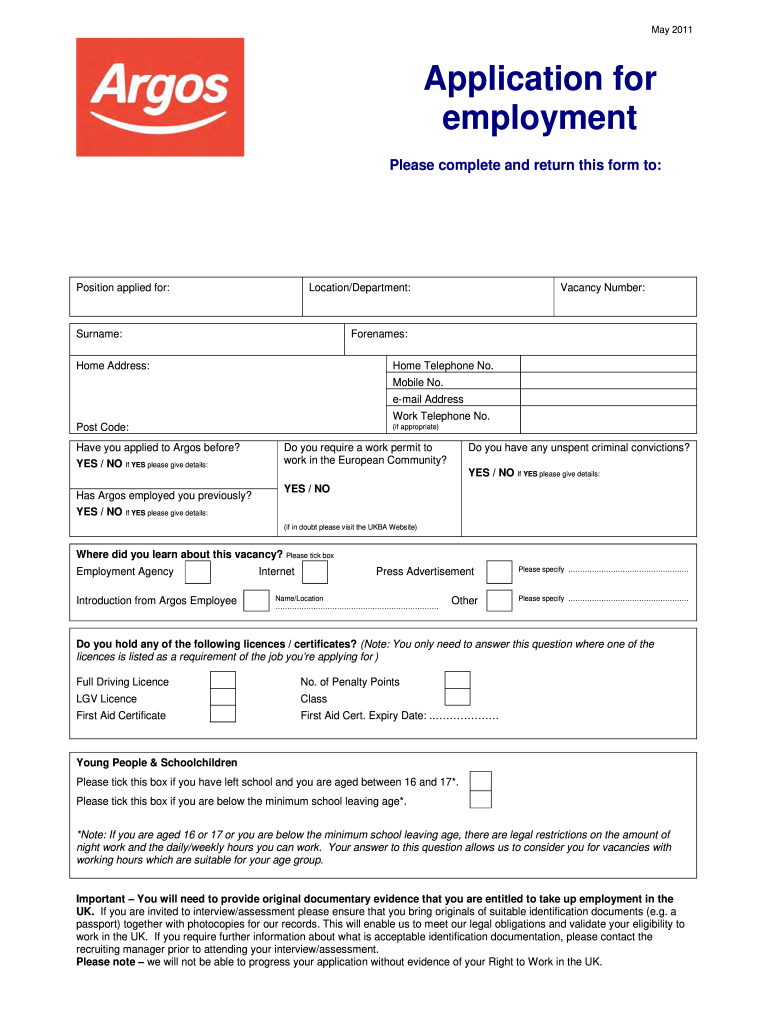 Argos Application  Form