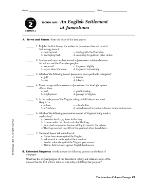 Jamestown Worksheet PDF Answer Key  Form