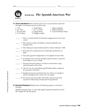 Spanish American War Worksheet  Form