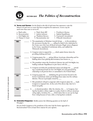 The Politics of Reconstruction Worksheet Answer Key PDF  Form
