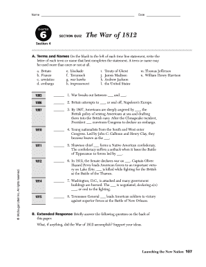 Chapter 6 Section 4 the War of 1812 Worksheet Answers PDF  Form