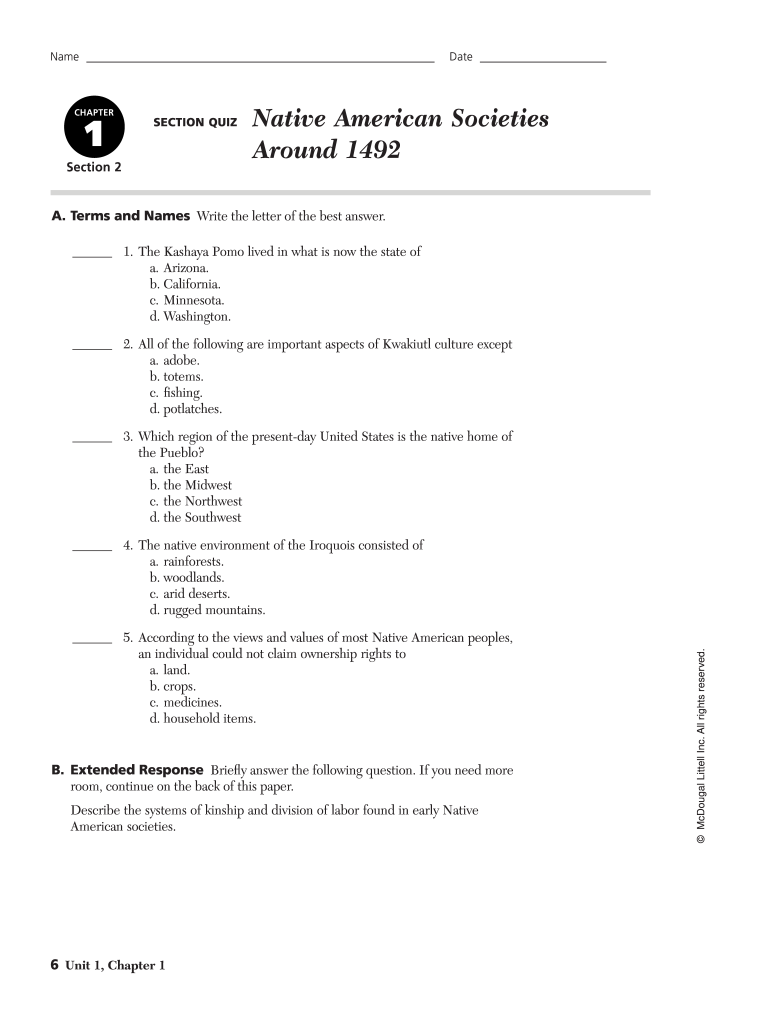 Native American Societies around 1492 Worksheet Answer Key  Form