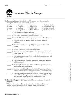 Chapter 24 Section 2 War in Europe Answer Key  Form