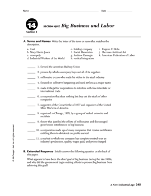 Chapter 14 Section 3 Big Business and Labor Answer Key  Form