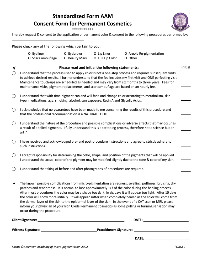 Standardized Form AAM Consent Form for Permanent Cosmetics