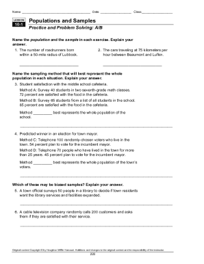 Populations and Samples Practice and Problem Solving a B Answer Key  Form