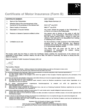 Certificate of Motor Insurance  Form