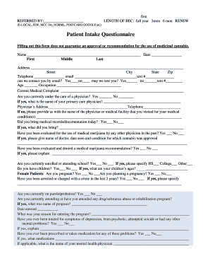 Patient Intake Questionnaire Serenity Medical Marijuana  Form