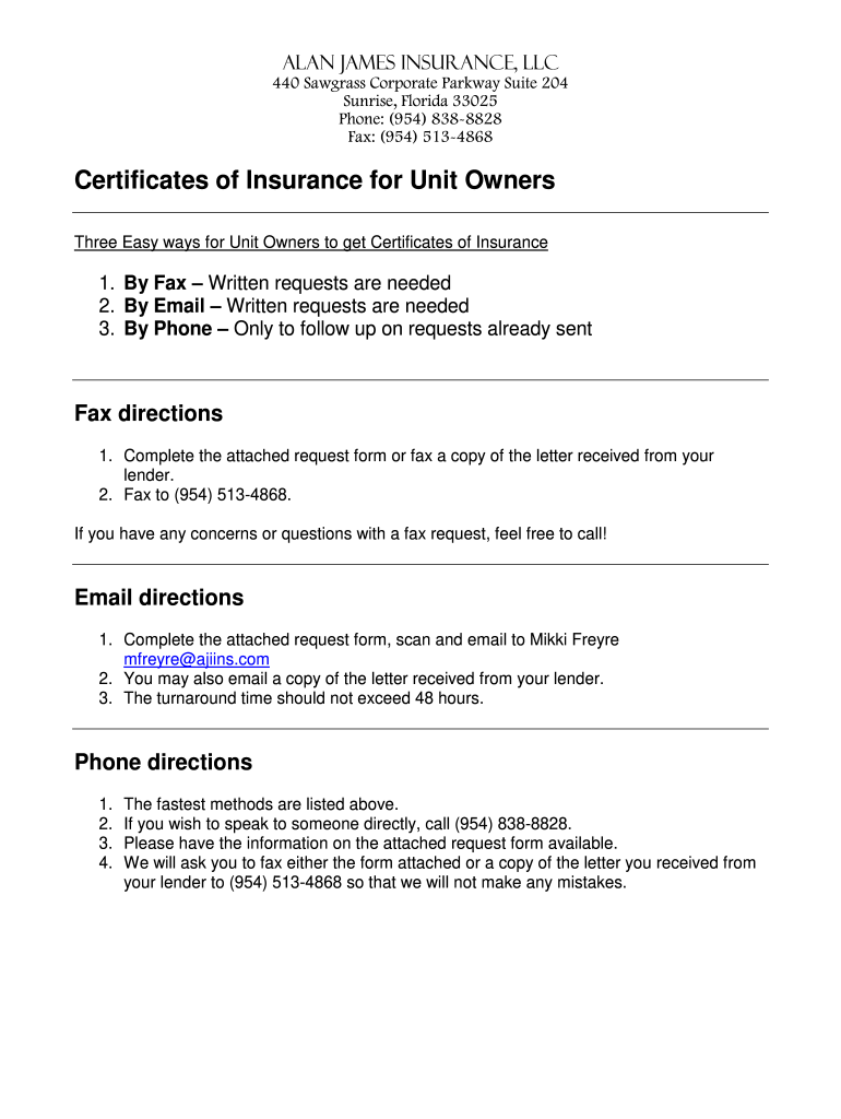 Certificates of Insurance for Unit Owners  Form