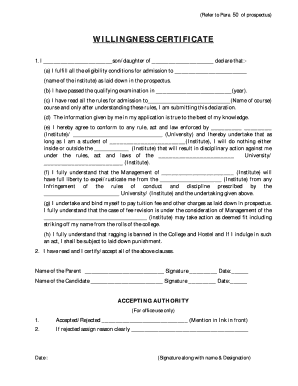 Willingness Certificate  Form
