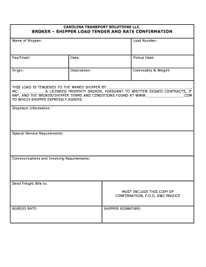 LOAD TENDER and RATE CONFIRMATION Ship Ctscom  Form