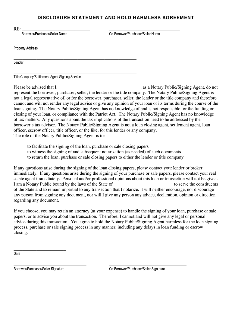 DISCLOSURE STATEMENT and HOLD HARMLESS AGREEMENT Notary Gsn Notary  Form