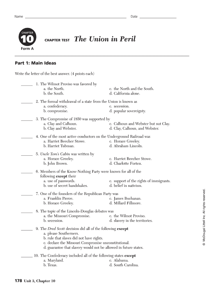 Chapter 10 the Union in Peril Worksheet Answers  Form